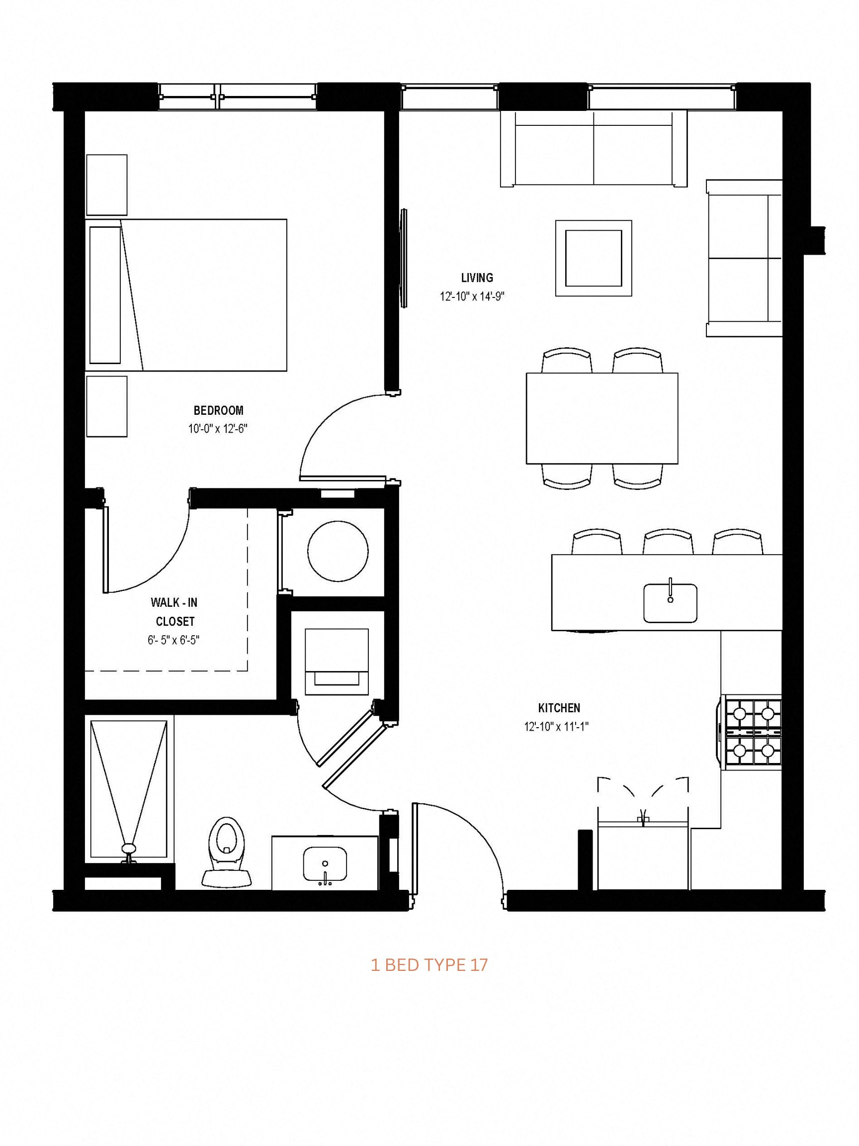Floor plan for 1 bed, 1 bath, 649 sqft
